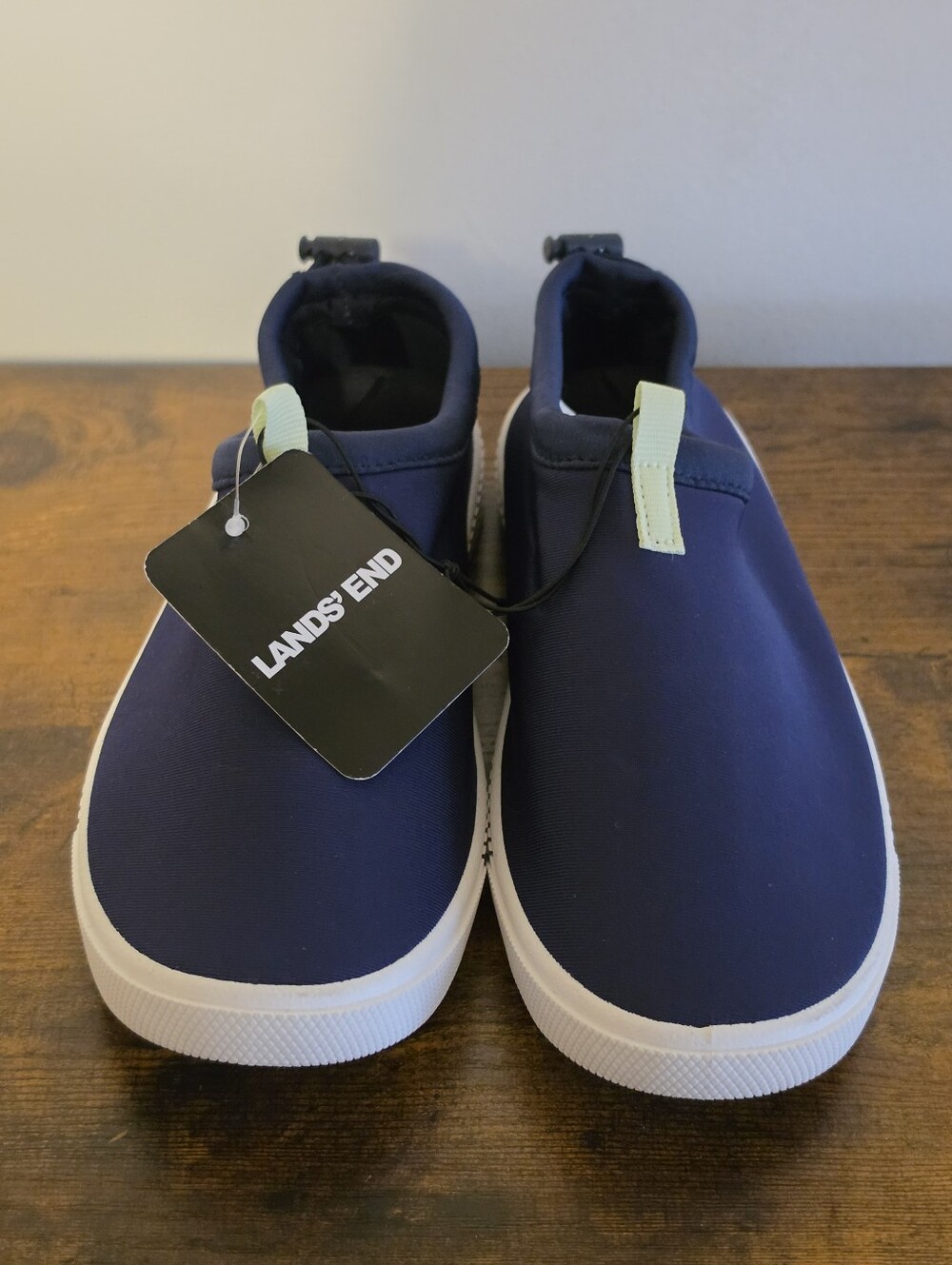 Lands' End Kids Navy Slip-On Sneakers with Lime Pull Tabs